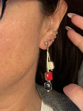 Mod Color Block Enamel Gold Tone Dangle Earrings Red White Black